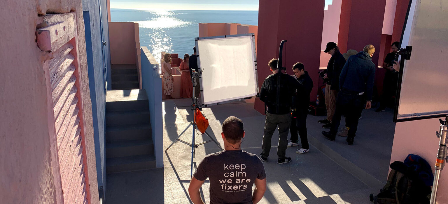 Fixers in Spain crew on location at La Muralla Roja, Calpe